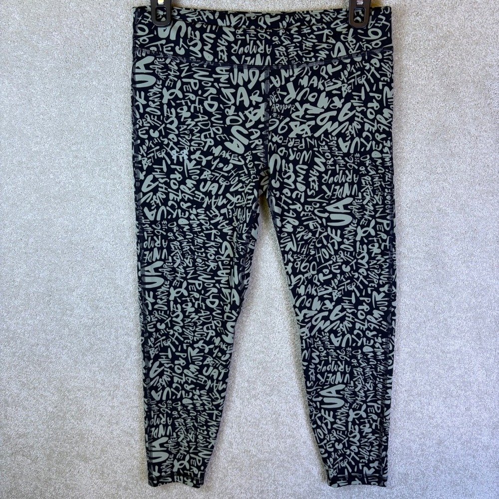 Under Armour Cropped Leggings Women Small Black Green Graffiti AOP Activewear